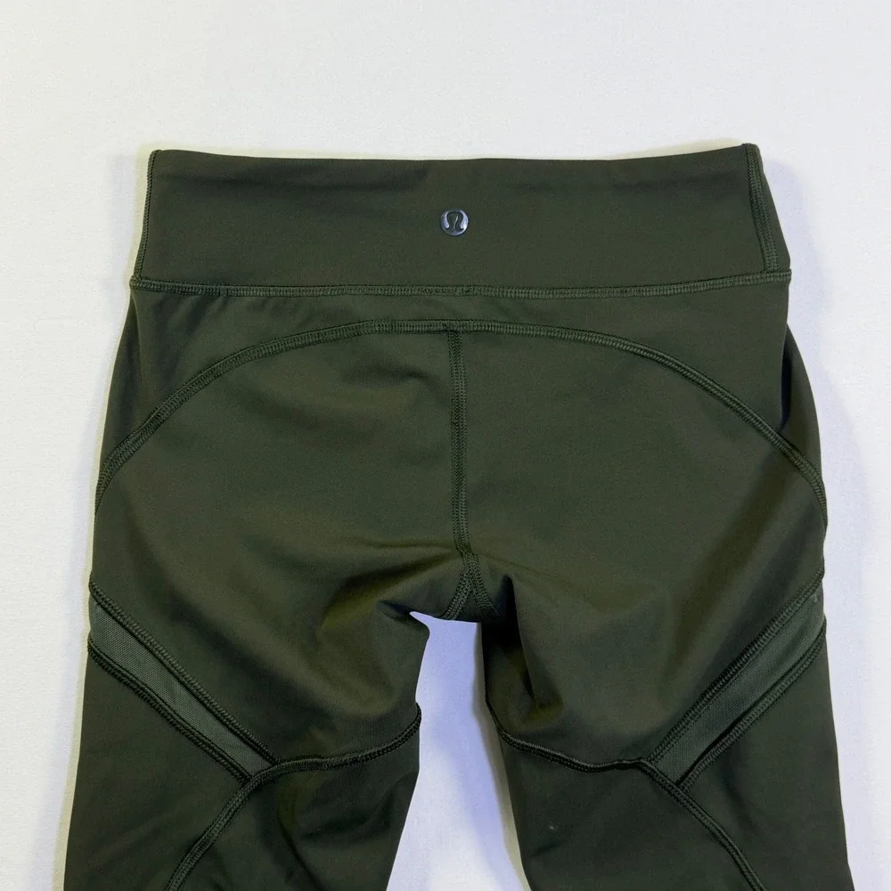 Lululemon Tight Stuff Crop II Dark‎ Olive Green Mesh Running Tights Yoga Size 2